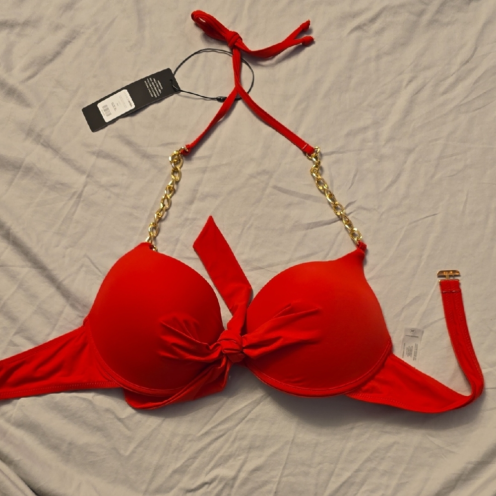 Fashion Nova Red Bra with Gold Chain Accents